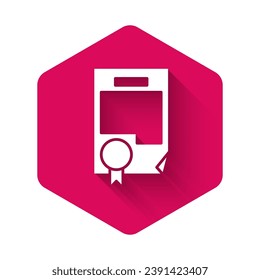 White Certificate template icon isolated with long shadow. Achievement, award, degree, grant, diploma. Business success certificate. Pink hexagon button. Vector Illustration