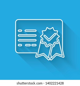 White Certificate template line icon isolated with long shadow. Achievement, award, degree, grant, diploma concepts. Business success certificate. Vector Illustration