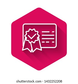 White Certificate template line icon isolated with long shadow. Achievement, award, degree, grant, diploma concepts. Business success certificate. Pink hexagon button. Vector Illustration