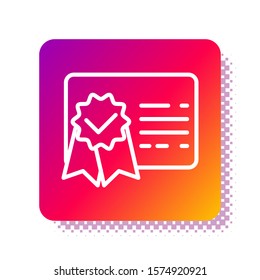 White Certificate template line icon isolated on white background. Achievement, award, degree, grant, diploma. Business success certificate. Square color button. Vector Illustration
