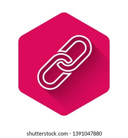 White Chain link icon isolated with long shadow. Link single. Pink hexagon button. Vector Illustration
