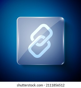 White Chain link icon isolated on blue background. Link single. Hyperlink chain symbol. Square glass panels. Vector