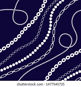 White chain seamless on deep blue background. Fashion illustration. Collection of jewelry. Pattern abstract design. Filigree  necklace in marine style. Idea for material, textile, fabric design