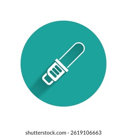 White Chainsaw icon isolated with long shadow. Green circle button. Vector