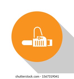 White Chainsaw icon isolated on white background. Orange circle button. Vector Illustration