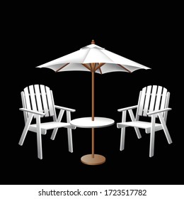 white chairs and bistro round table with open umbrella tent on black background isolate vector illustrator.