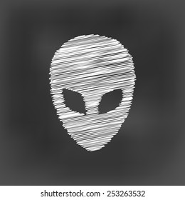 white chalk Alien face icon on black board background(vector)