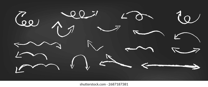Seta giz branco esboço desenhado à mão. Textura de vetor de linha de lápis para quadro-negro. Rabiscar direção rabisca para ênfase na nota. Quadro negro abstrato com conjunto de elementos de arte de pintura cômica e grunge