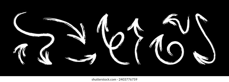 White chalk arrows. Brush painted arrow set with marker texture. Vector illustration isolated in black background
