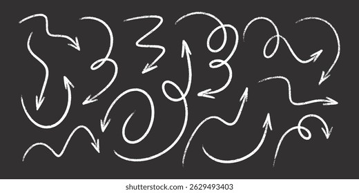 White chalk arrows on black chalkboard - artistic hand sketched doodle swirls, chaotic curved lines, pointers. Pencil crayon grunge scribbles, design elements drawings. Isolated marker stroke vector.