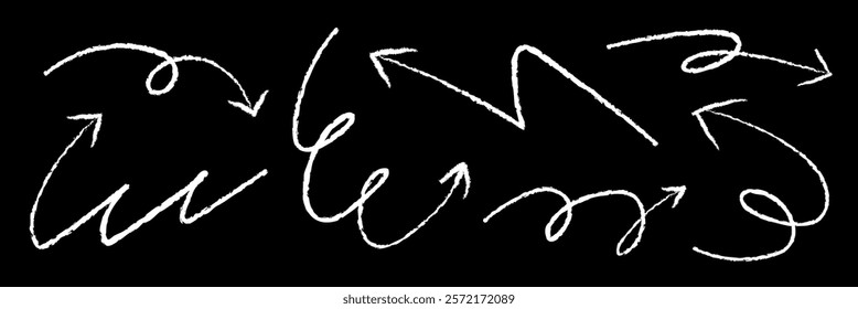 White chalk arrows on a blackboard. Arrows pointing in various directions. Chalk arrows with different curves and angles. Blackboard with chalk arrows. Doodle element vector set.
