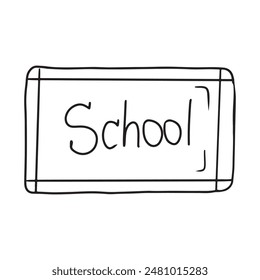 White chalk board with a word School in black isolated on white background. Hand drawn vector sketch illustration in doodle engraved vintage line art style. Back to school, september