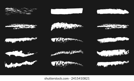 white Chalk and charcoal strokes isolated on black background. different free form textured brush set for illustrations and design elements. grungy graphic stroke sets for designing posters and covers