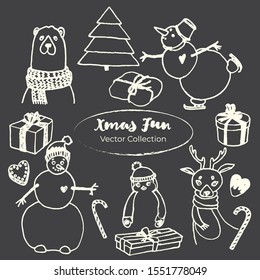 White chalk Christmas doodles set on blackboard with deer with scarf, Christmas tree, candy, bear, cakes, toys, gifts and socks. Template for Greeting Scrapbooking, Congratulations, Invitations.