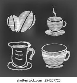 white chalk coffee cup set icon on black board background(vector)