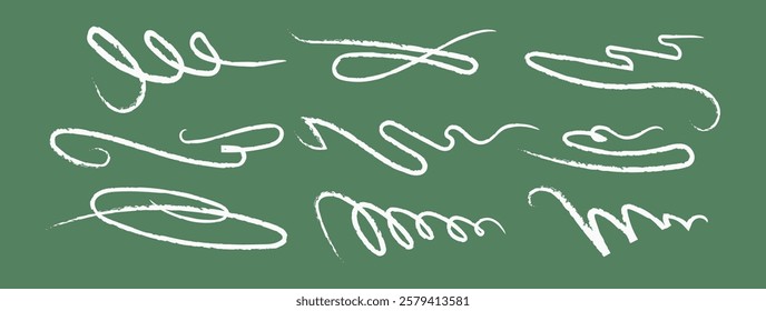 White chalk and crayon stroke on chalkboard background. Handwritten autograph with calligraphy flourishes, swashes, swooshes, curving lines, swirls, waves, and underlines. Textured vector elements 