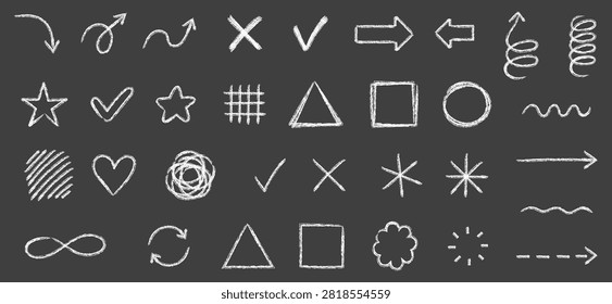 White Chalk Doodle Annotation Set with Arrows, Checks, Crosses, Stars, Spirals, Hearts, Waves, Geometric Shapes and Scribble Marks on Dark Blackboard Background