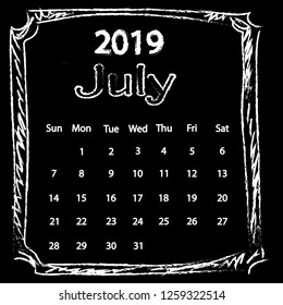 White Chalk drawing doodles frame calendar of 2019 year July on black board