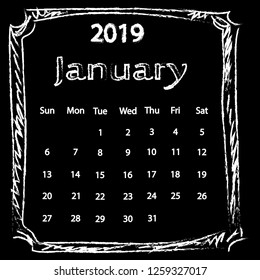 White Chalk drawing doodles frame calendar of 2019 year January on black board