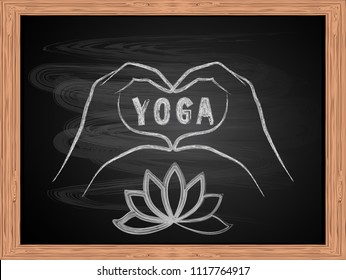 White chalk drawing of hands making a heart shape on school blackboard flat design vector illustration. Love yoga concept.