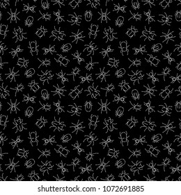 White chalk drawing insects on black seamless background pattern. Vector illustration