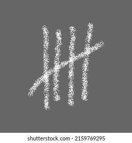 White Chalk Drawn Tally Mark On Gray Background. Four Handdrawn Sticks Crossed Out By Slash Line. Counting Stripes On Chalkboard. Unary Numeral System Sign. Vector Realistic Illustration