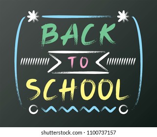 White chalk font design on black board, yellow uppercase alphabet handwriting, pink letter hand draw, blue typography English text, green border back to school writing on chalkboard.