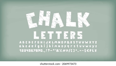 White chalk font, square shape uppercase and lowercase letters, numbers, punctuation marks, symbols. Green chalkboard background