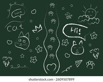 white chalk funny doodles design on  green board with cats, stars, hearts, flowers icons