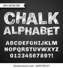 White Chalk Hand Drawing Vector Alphabet, School Font Isolated On Blackboard. Abc Drawing On Blackboard, Illustration Of Sketch Abc