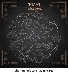 White chalk hand drawn natural ingredients pizza infographics on black background vector illustration