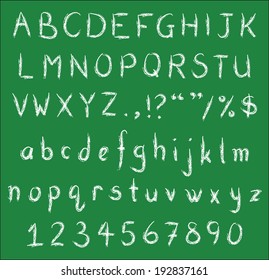 White chalk handwritten alphabets, numbers and common punctuation on green black board. Vector Fonts.