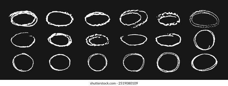 White chalk highlight circles. Crayon handwritten ellipses doodle style. Round rough thin frames children drawn. Vector collection of round freehand shapes for emphasis highlights in to do list, text