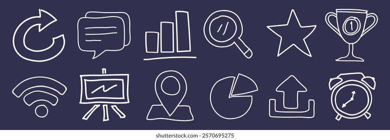 White chalk icons on a dark background. Includes arrows, chat bubbles, graphs, magnifying glass, star, trophy, Wi-Fi, chart, upload, alarm clock. Hand drawn business elements, vector set.