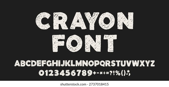 White chalk kids font, scribble playful alphabet. Hand drawn doodle typescript. School crayon abc. Cute kindergarten handwriting letters, numbers and signs. Vector illustration isolated on black