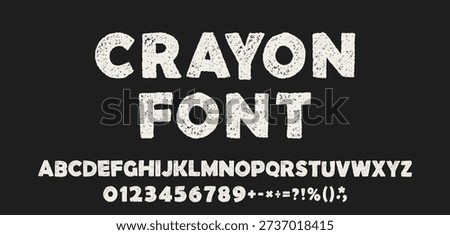 White chalk kids font, scribble playful alphabet. Hand drawn doodle typescript. School crayon abc. Cute kindergarten handwriting letters, numbers and signs. Vector illustration isolated on black