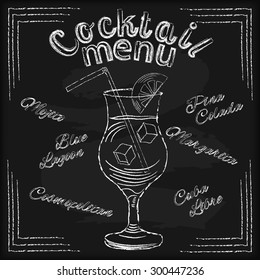 White chalk lettering COCKTAIL MENU with cocktail glass drawing on black chalkboard background vector illustration