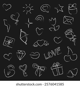 White chalk line Valentine's Day icon set with romantic symbols: hearts, flowers, bows, arrows, stars, and gifts. Handmade chalk style, ideal for Valentine's cards, decorations, and digital designs.