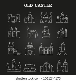 White chalk medieval castles set on blackboard isolated. Vector illustration