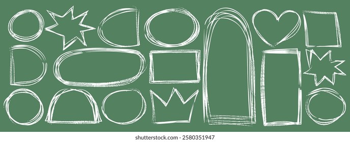 White chalk outline frame on chalkboard background. Crown and geometric shape like square, circle, oval, star, rectangle. Pencil photoframe, charcoal scribble figure. Isolated vector illustration set