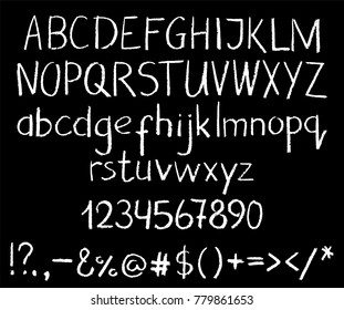 White Chalk script on black background. Trendy chalkboard handwriting. Textured grungy letters. Uppercase and lowercase alphabet with digits and punctuation marks. Chalk lettering for hipster design
