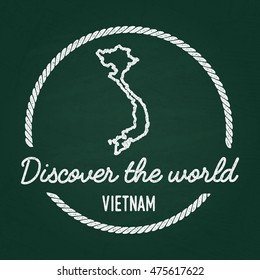 White chalk texture hipster insignia with Socialist Republic of Vietnam map on a green blackboard. Grunge rubber seal with country outlines, vector illustration.