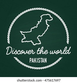 White chalk texture hipster insignia with Islamic Republic of Pakistan map on a green blackboard. Grunge rubber seal with country outlines, vector illustration.