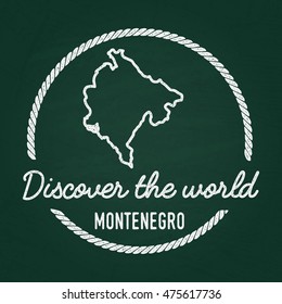 White chalk texture hipster insignia with Montenegro map on a green blackboard. Grunge rubber seal with country outlines, vector illustration.