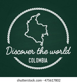White chalk texture hipster insignia with Republic of Colombia map on a green blackboard. Grunge rubber seal with country outlines, vector illustration.