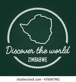 White chalk texture hipster insignia with Republic of Zimbabwe map on a green blackboard. Grunge rubber seal with country outlines, vector illustration.