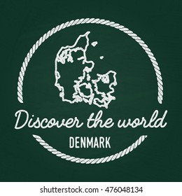White chalk texture hipster insignia with Kingdom of Denmark map on a green blackboard. Grunge rubber seal with country outlines, vector illustration.