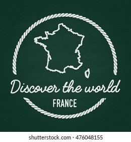 White chalk texture hipster insignia with French Republic map on a green blackboard. Grunge rubber seal with country outlines, vector illustration.