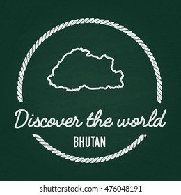 White chalk texture hipster insignia with Kingdom of Bhutan map on a green blackboard. Grunge rubber seal with country outlines, vector illustration.