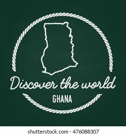 White chalk texture hipster insignia with Republic of Ghana map on a green blackboard. Grunge rubber seal with country outlines, vector illustration.